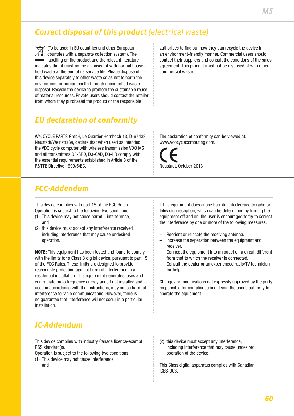 Eu declaration of conformity, Fcc-addendum ic-addendum | VDO M5WL User Manual | Page 60 / 61
