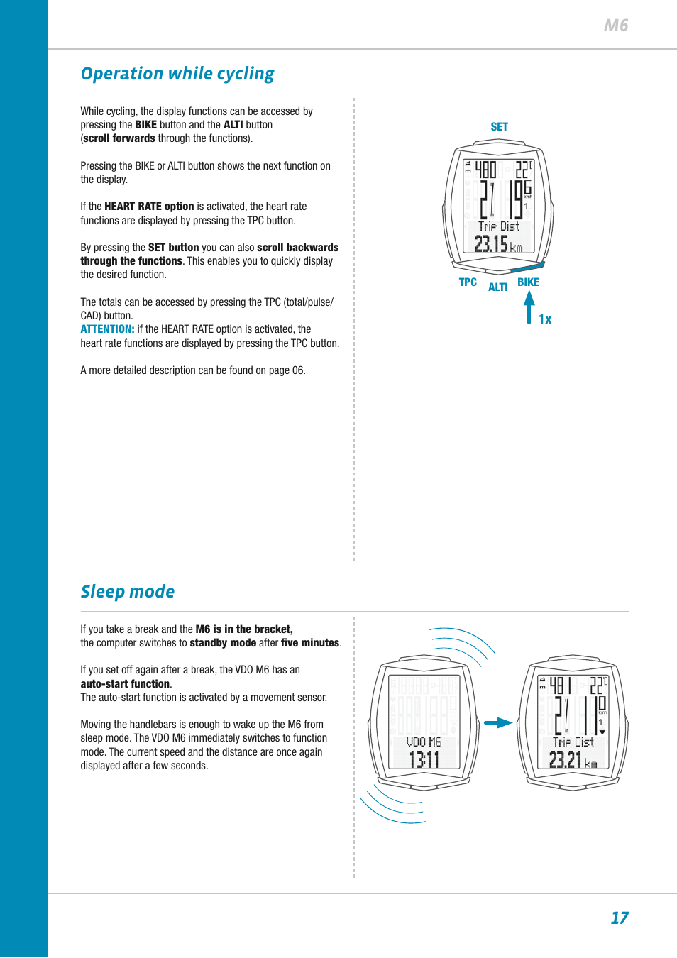 17 m6, Operation while cycling, Sleep mode | VDO M6WL User Manual | Page 17 / 87