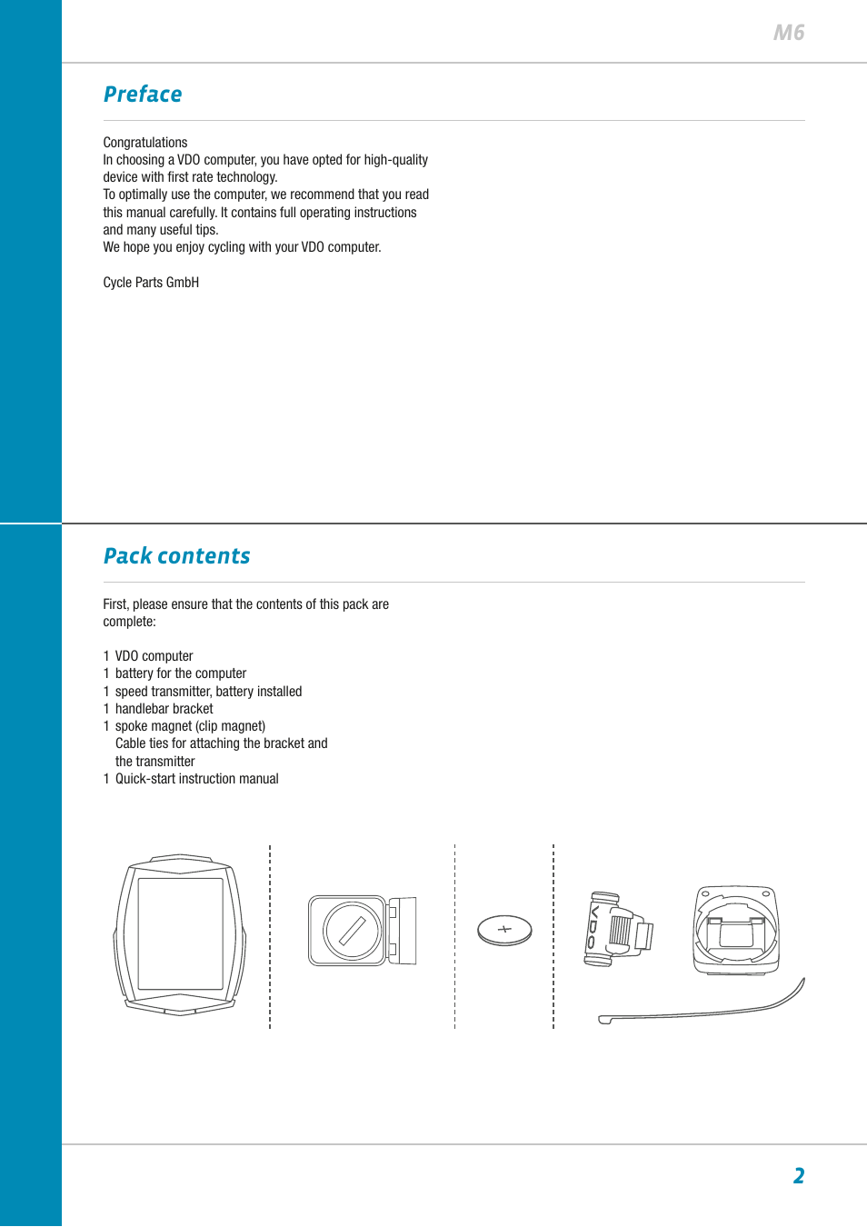 2m6 preface pack contents | VDO M6WL User Manual | Page 2 / 87