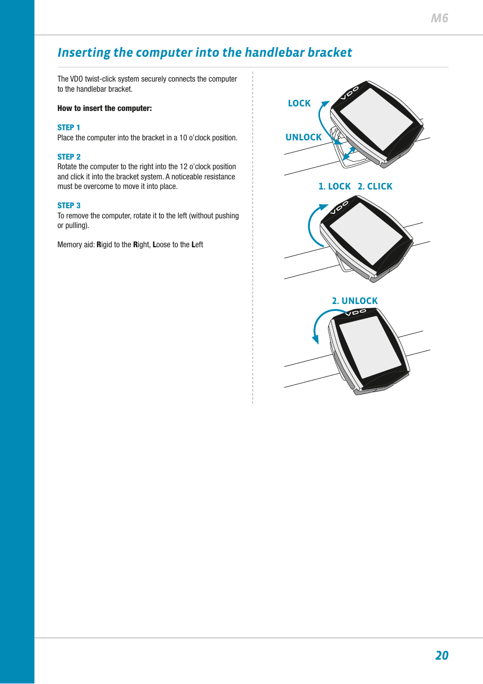 20 m6, Inserting the computer into the handlebar bracket | VDO M6WL User Manual | Page 20 / 87