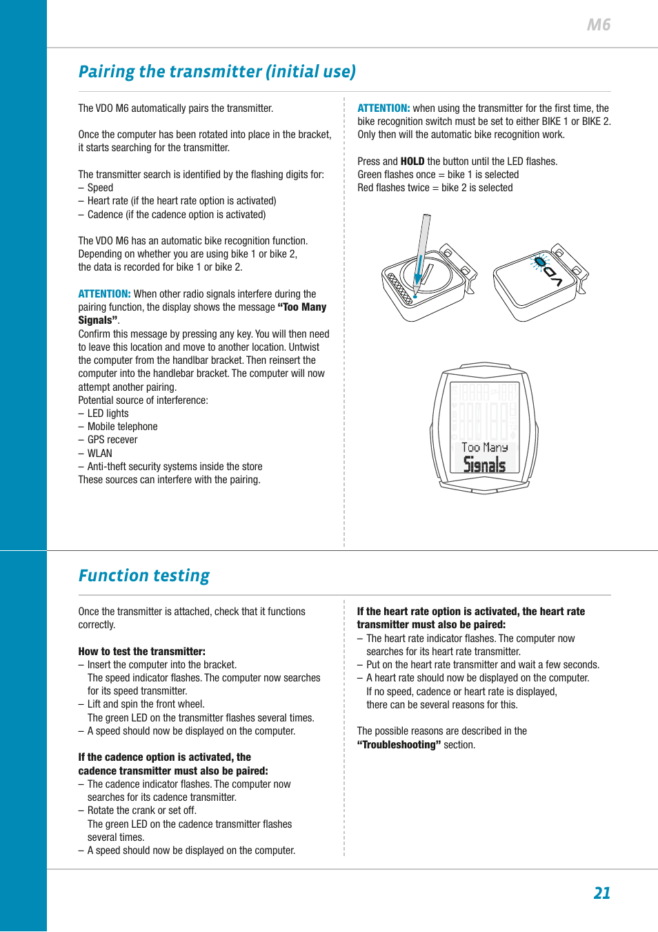 21 m6 function testing, Pairing the transmitter (initial use) | VDO M6WL User Manual | Page 21 / 87
