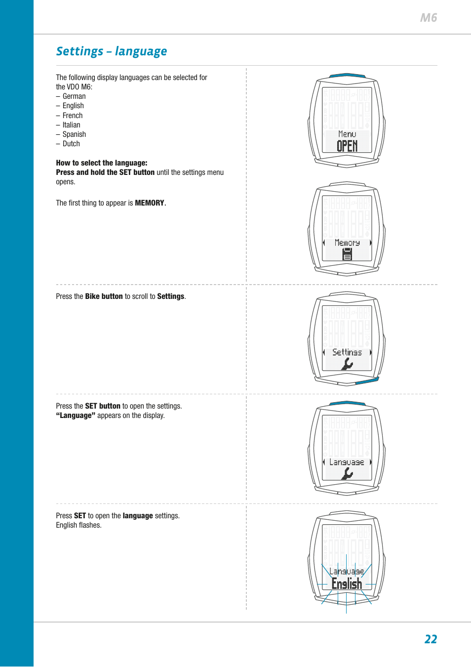 22 m6 settings – language | VDO M6WL User Manual | Page 22 / 87