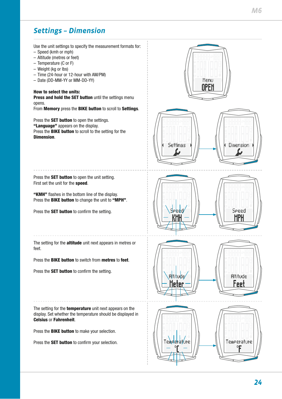 24 m6 settings – dimension | VDO M6WL User Manual | Page 24 / 87