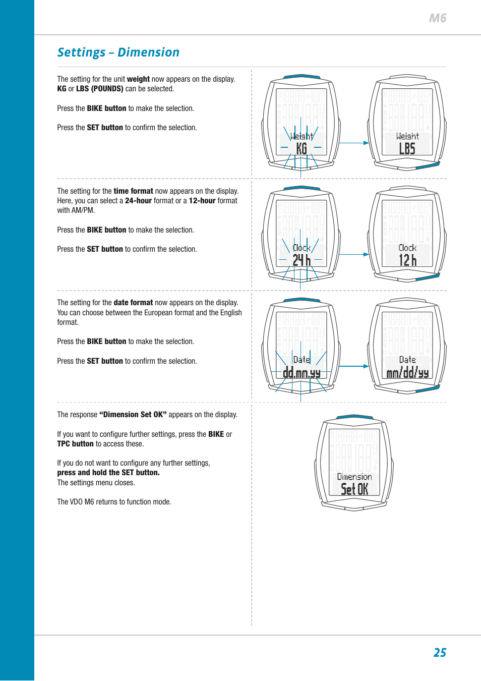 25 m6 settings – dimension | VDO M6WL User Manual | Page 25 / 87
