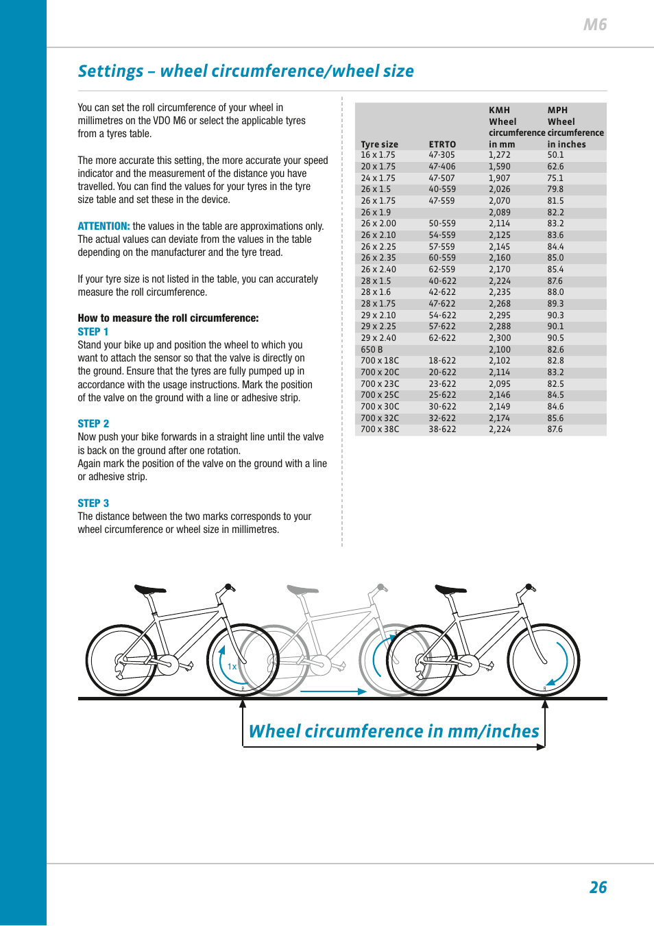 Wheel circumference in mm/inches, 26 m6, Settings – wheel circumference/wheel size | VDO M6WL User Manual | Page 26 / 87