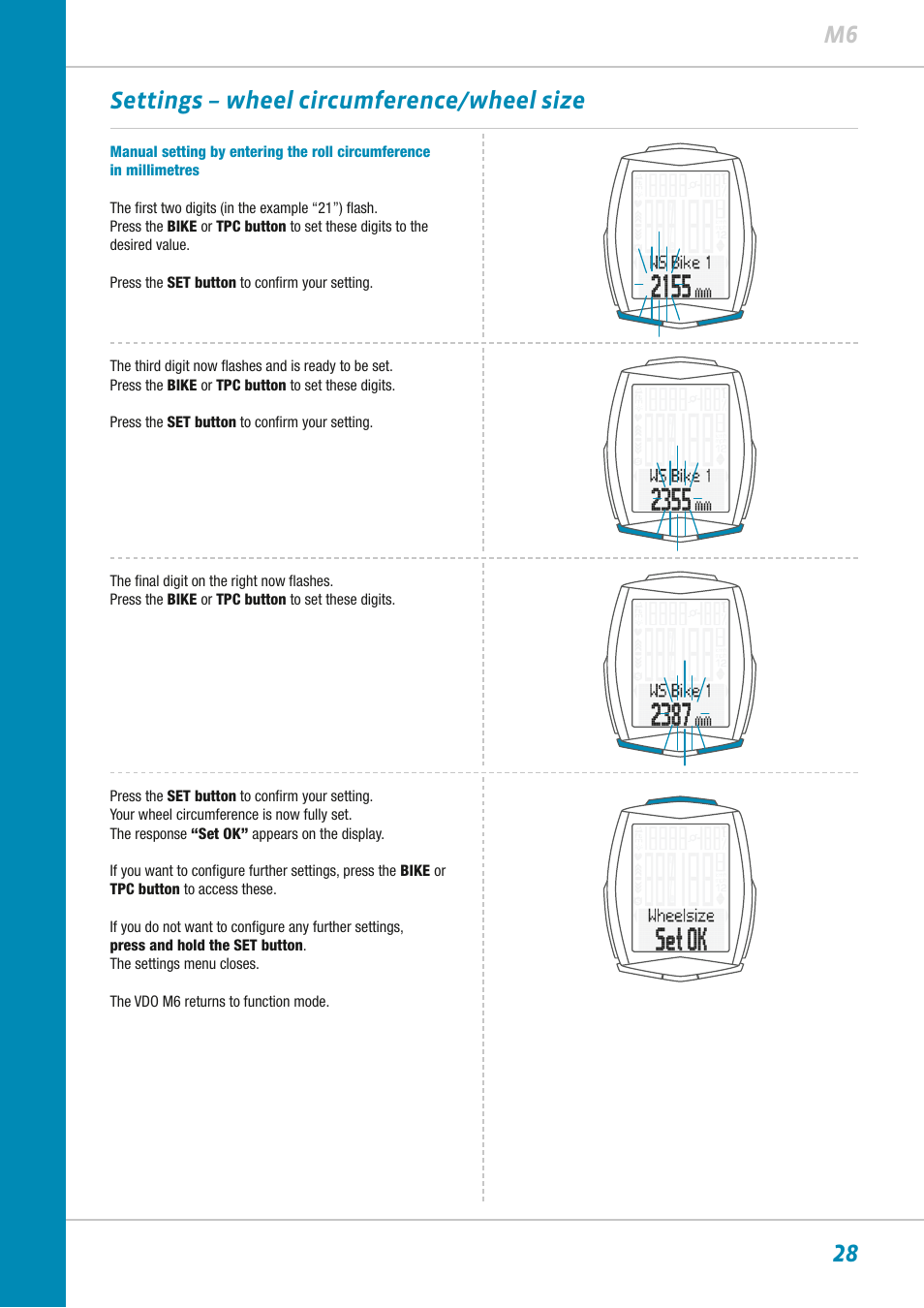 28 m6 settings – wheel circumference/wheel size | VDO M6WL User Manual | Page 28 / 87