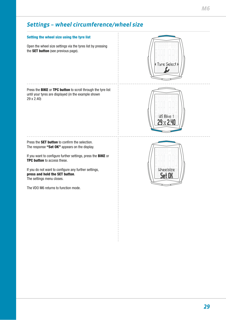 29 m6 settings – wheel circumference/wheel size | VDO M6WL User Manual | Page 29 / 87