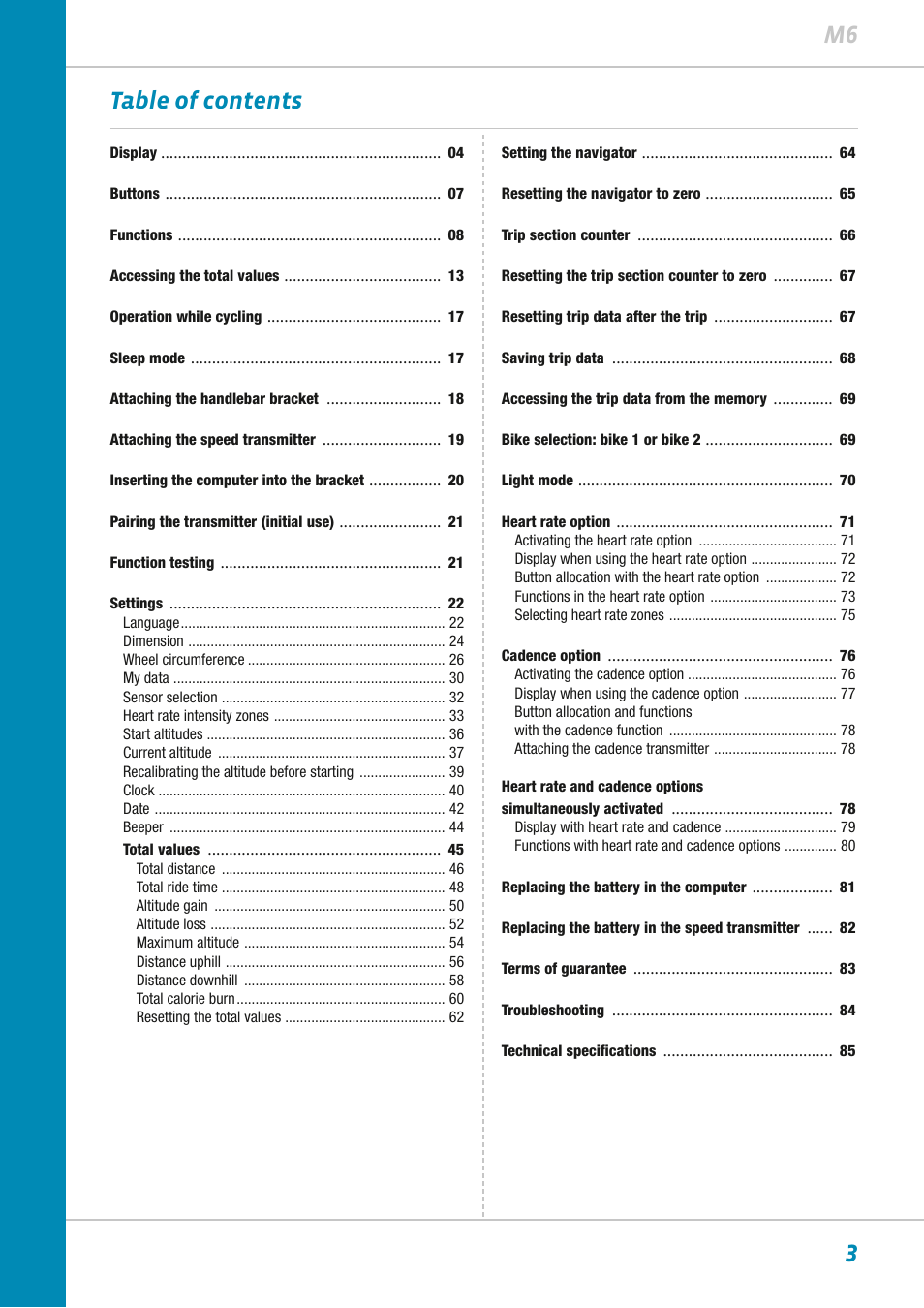 3m6 table of contents | VDO M6WL User Manual | Page 3 / 87