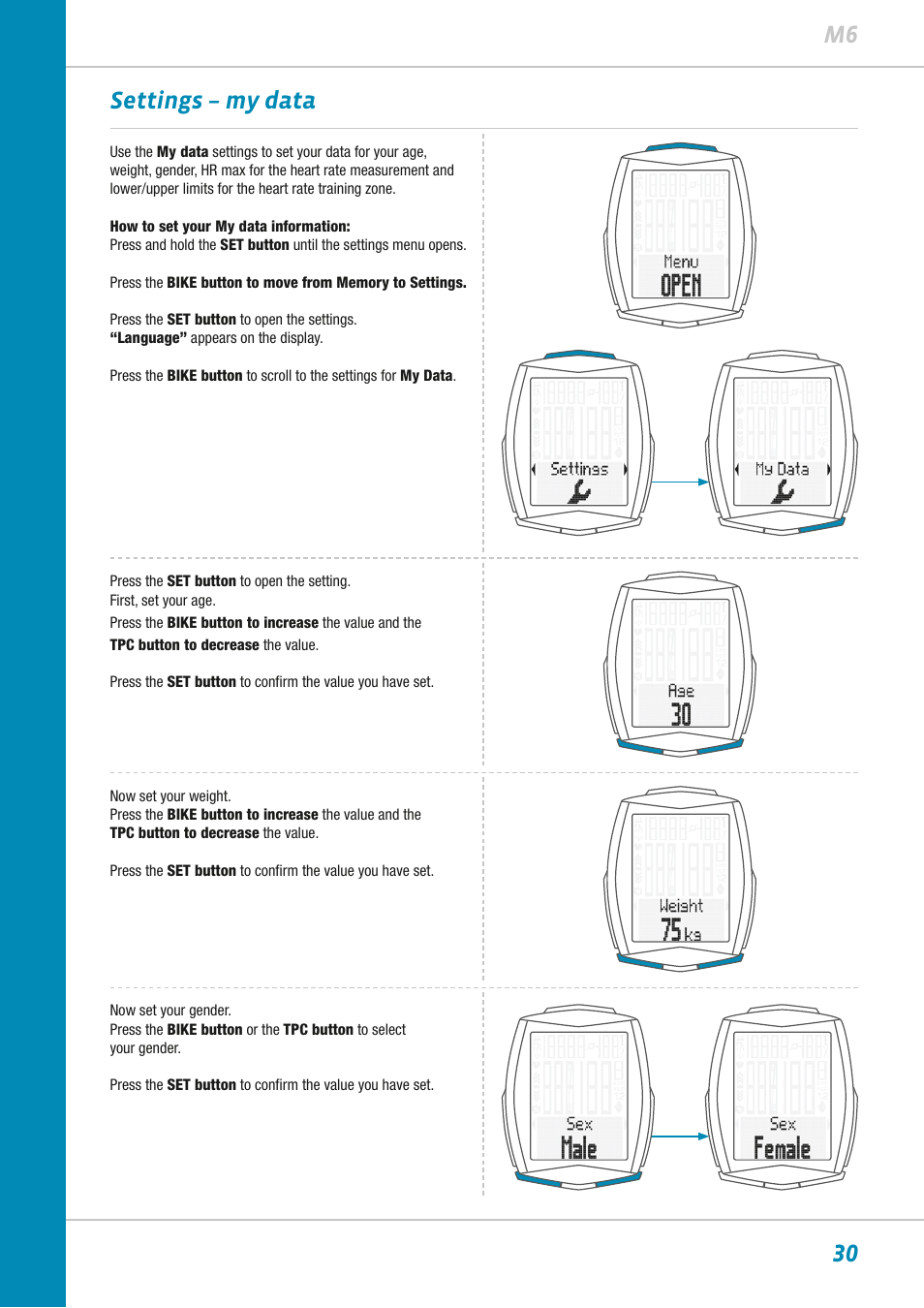 30 m6 settings – my data | VDO M6WL User Manual | Page 30 / 87