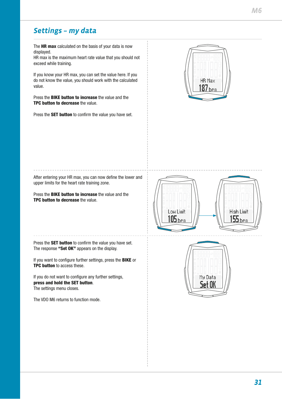 31 m6 settings – my data | VDO M6WL User Manual | Page 31 / 87