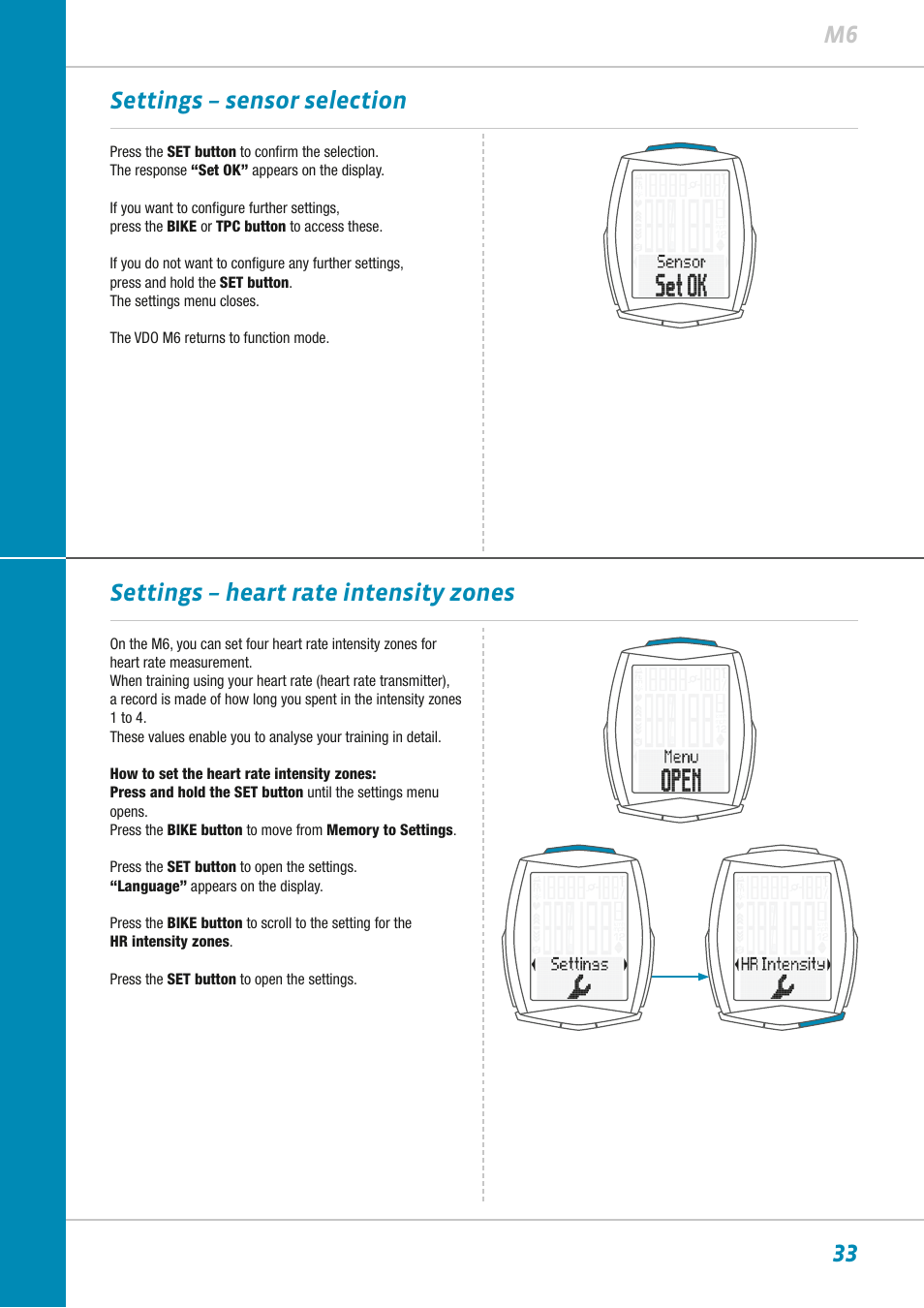 33 m6 settings – sensor selection, Settings – heart rate intensity zones | VDO M6WL User Manual | Page 33 / 87