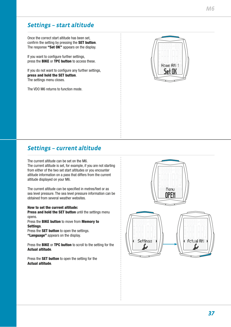 37 m6 settings – start altitude, Settings – current altitude | VDO M6WL User Manual | Page 37 / 87