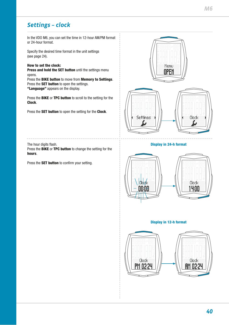 40 m6 settings – clock | VDO M6WL User Manual | Page 40 / 87