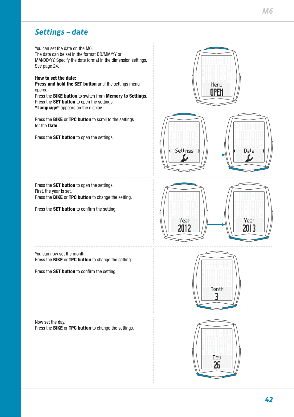 42 m6 settings – date | VDO M6WL User Manual | Page 42 / 87