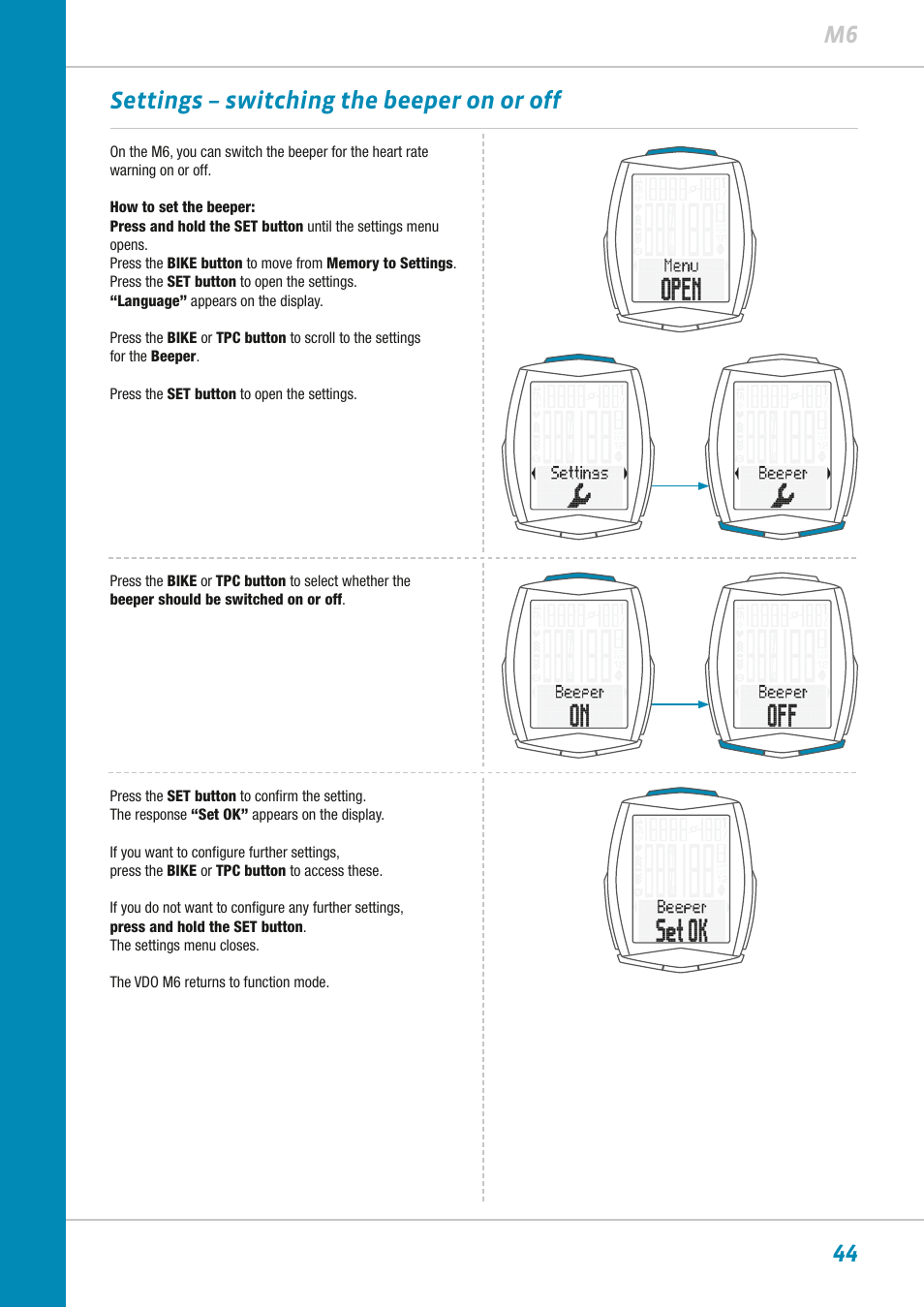 44 m6 settings – switching the beeper on or off | VDO M6WL User Manual | Page 44 / 87