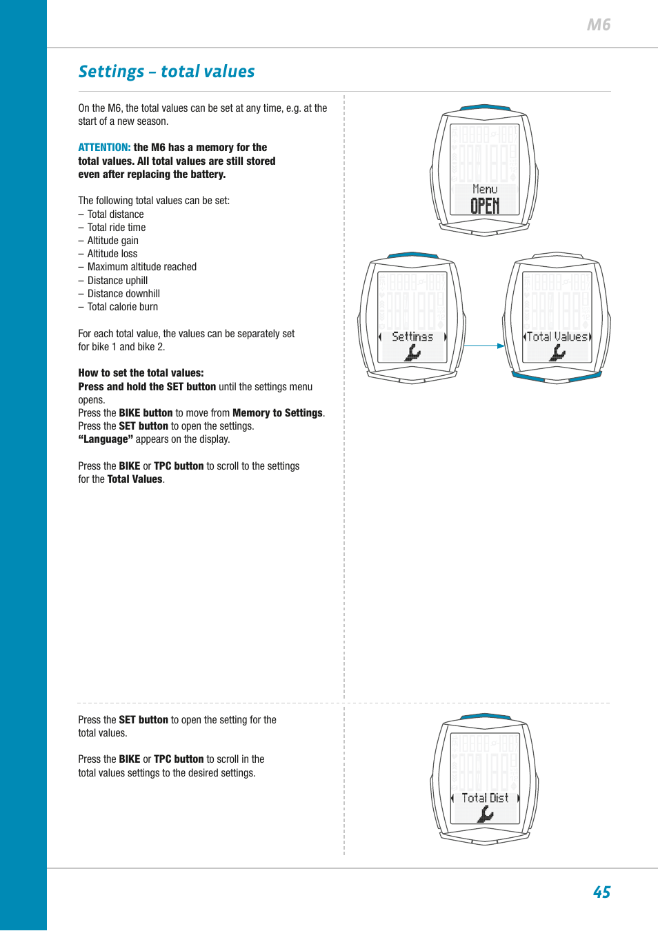 45 m6 settings – total values | VDO M6WL User Manual | Page 45 / 87