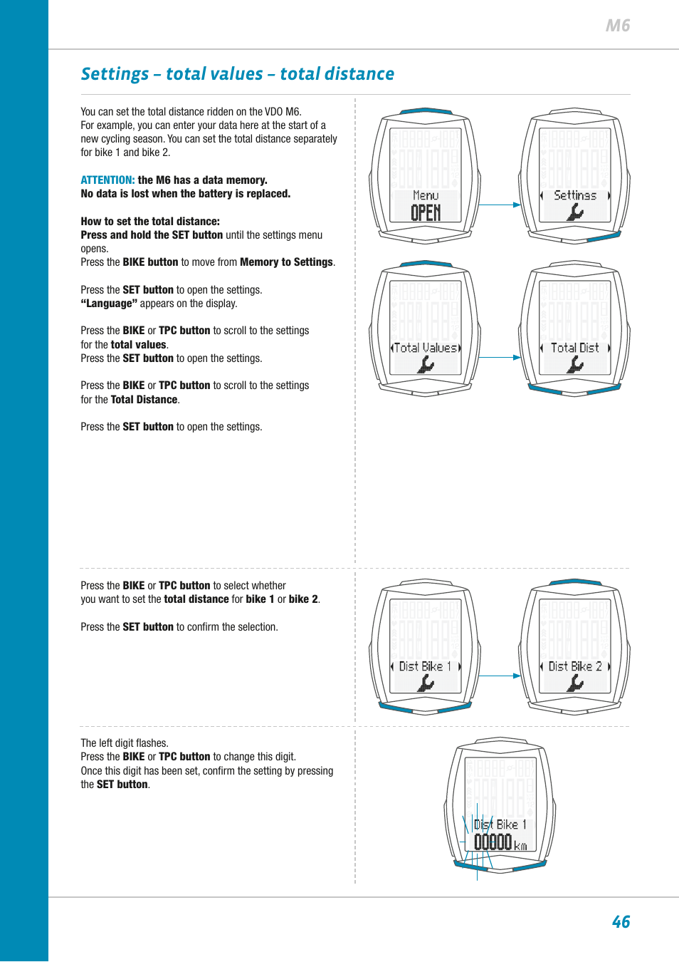 46 m6 settings – total values – total distance | VDO M6WL User Manual | Page 46 / 87