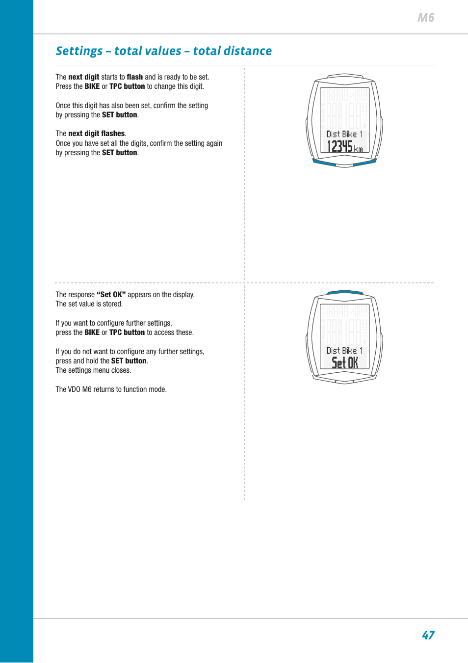 47 m6 settings – total values – total distance | VDO M6WL User Manual | Page 47 / 87