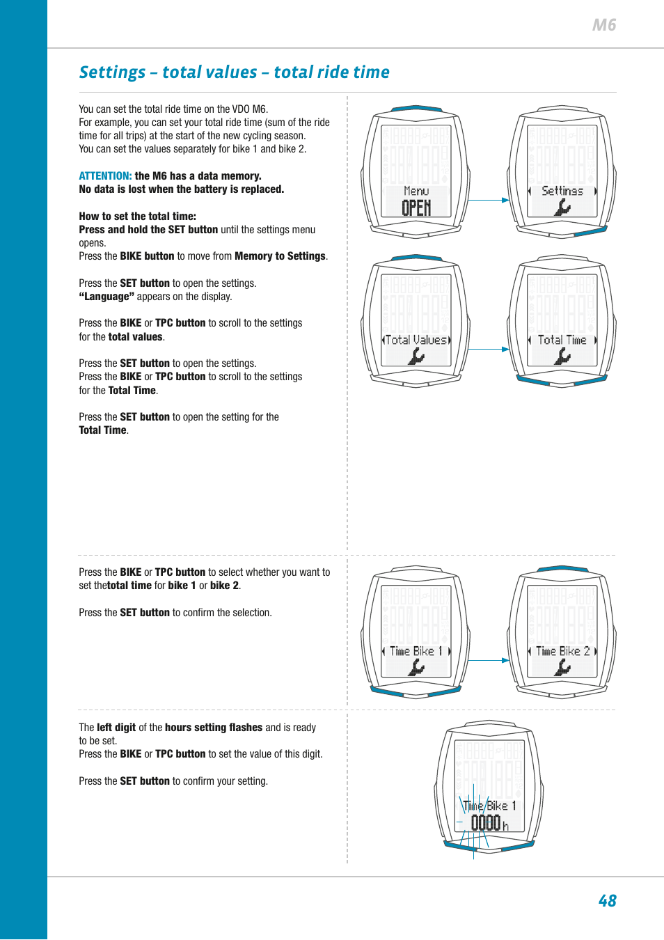 48 m6 settings – total values – total ride time | VDO M6WL User Manual | Page 48 / 87