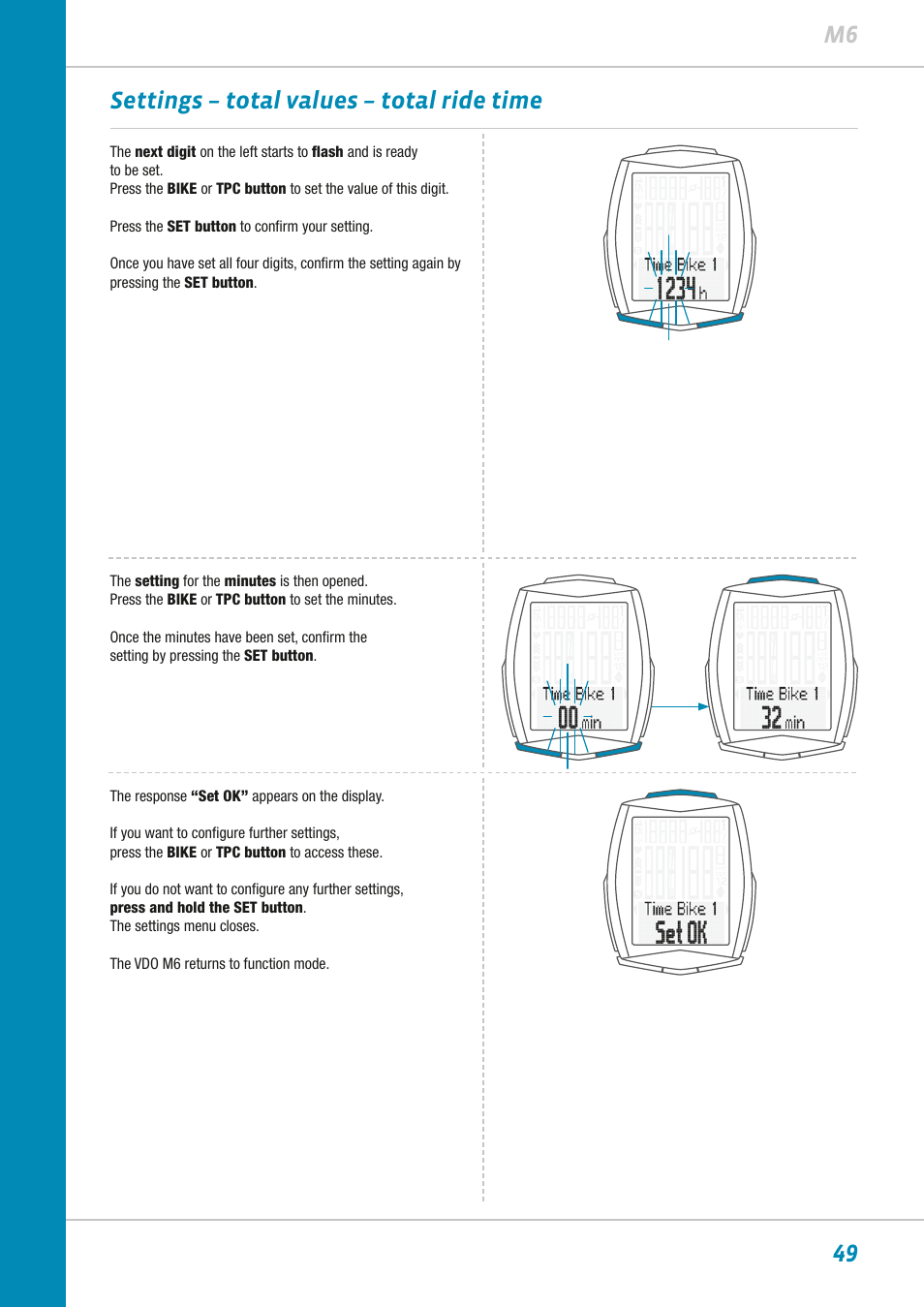 49 m6 settings – total values – total ride time | VDO M6WL User Manual | Page 49 / 87