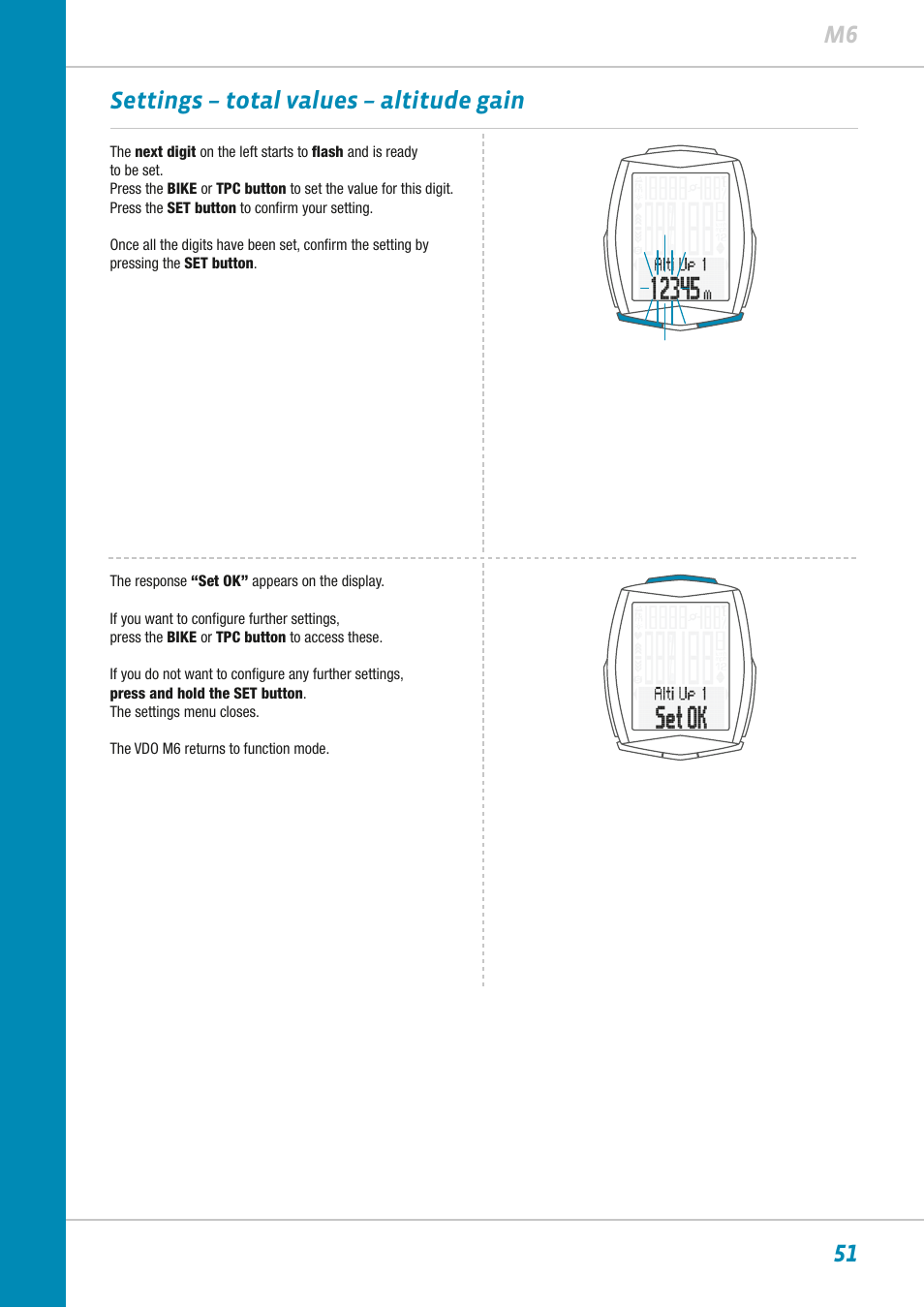 51 m6 settings – total values – altitude gain | VDO M6WL User Manual | Page 51 / 87