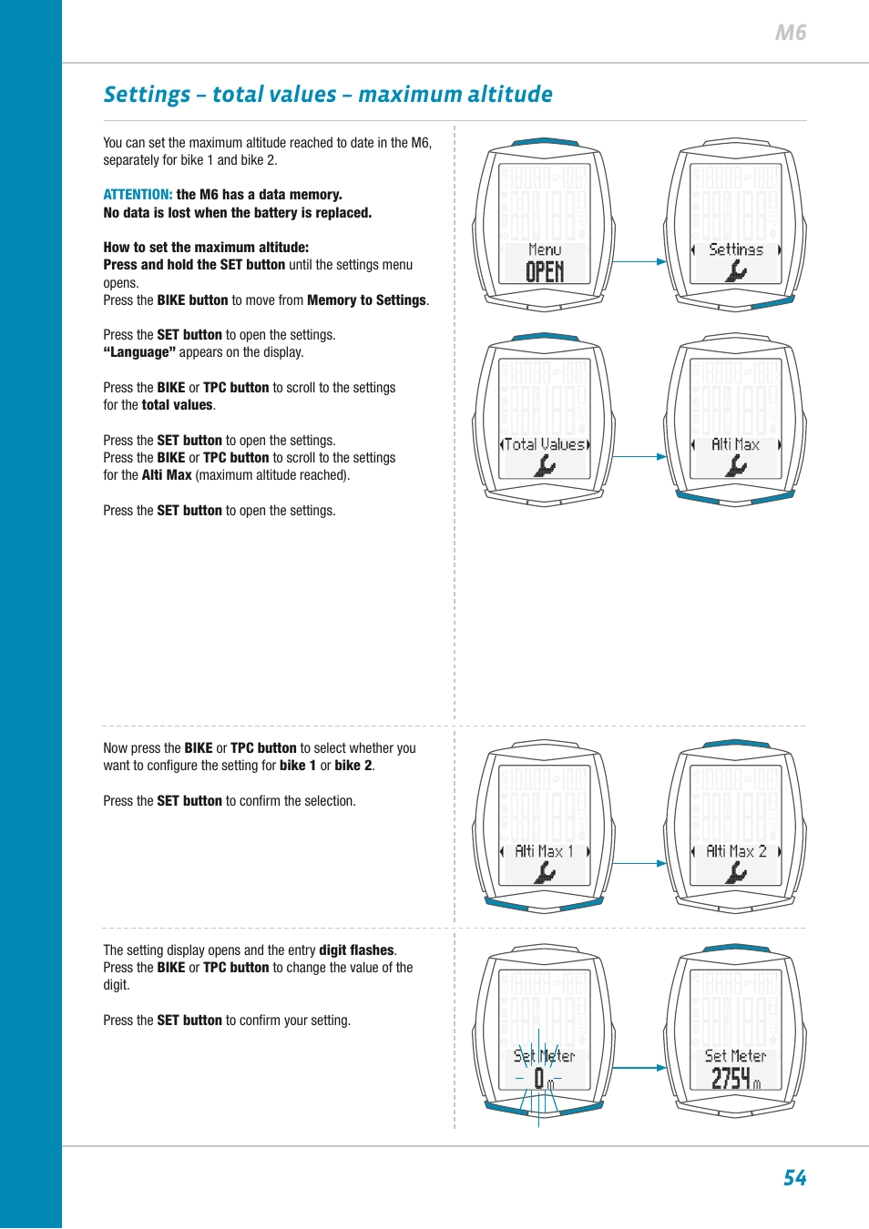 54 m6 settings – total values – maximum altitude | VDO M6WL User Manual | Page 54 / 87