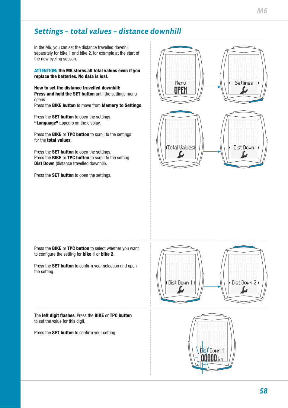 58 m6 settings – total values – distance downhill | VDO M6WL User Manual | Page 58 / 87