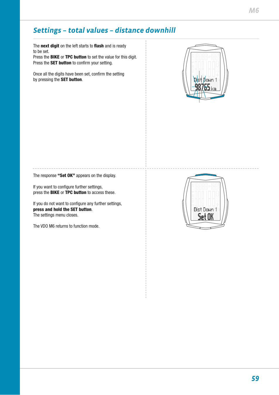 59 m6 settings – total values – distance downhill | VDO M6WL User Manual | Page 59 / 87