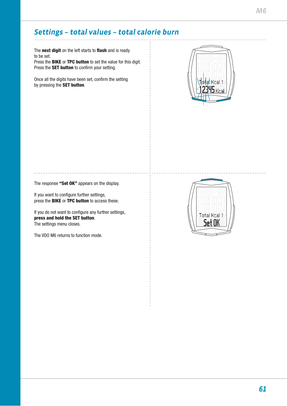 61 m6 settings – total values – total calorie burn | VDO M6WL User Manual | Page 61 / 87