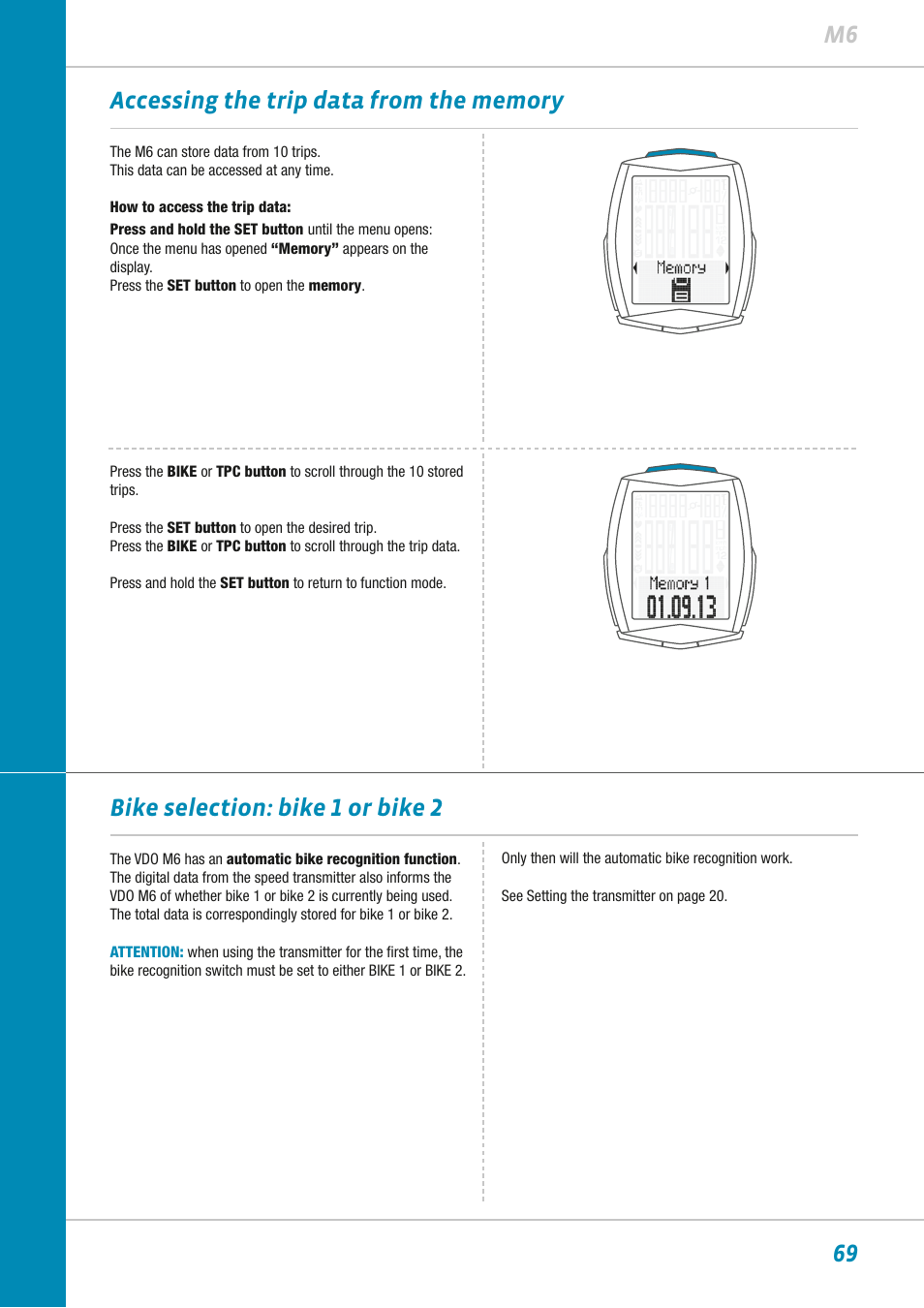 Bike selection: bike 1 or bike 2 | VDO M6WL User Manual | Page 69 / 87