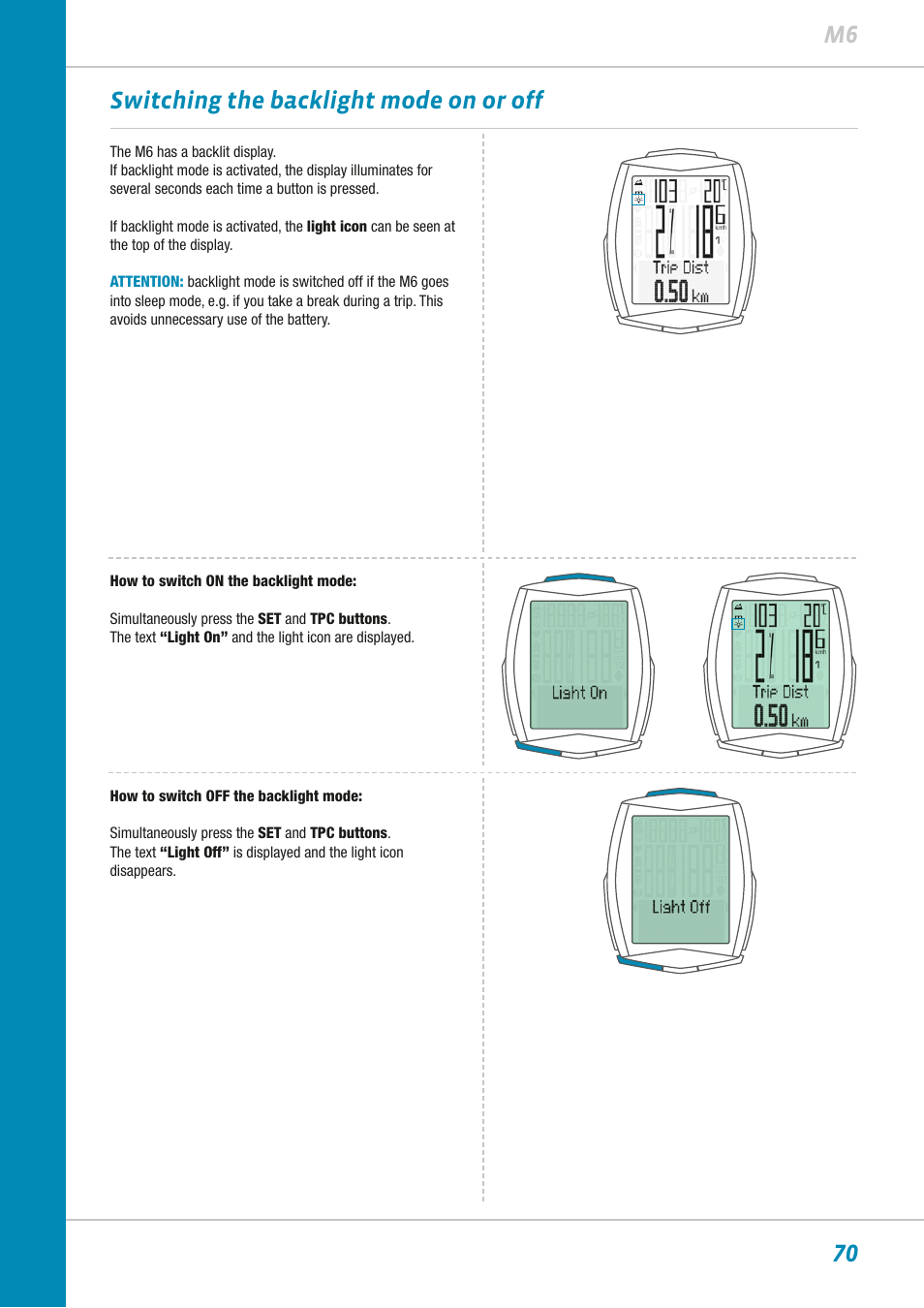 70 m6 switching the backlight mode on or off | VDO M6WL User Manual | Page 70 / 87