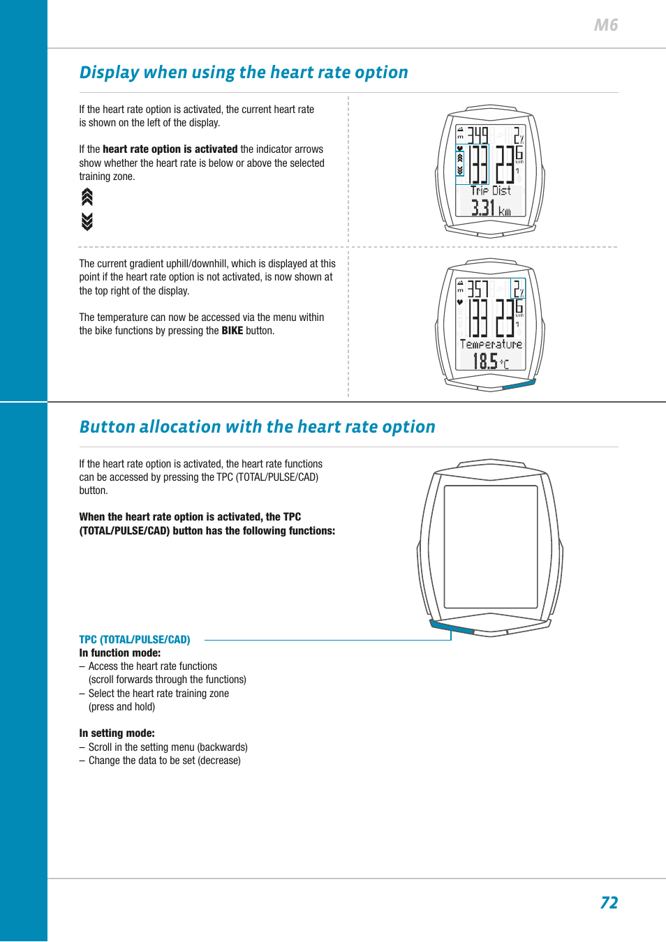 72 m6 display when using the heart rate option, Button allocation with the heart rate option | VDO M6WL User Manual | Page 72 / 87