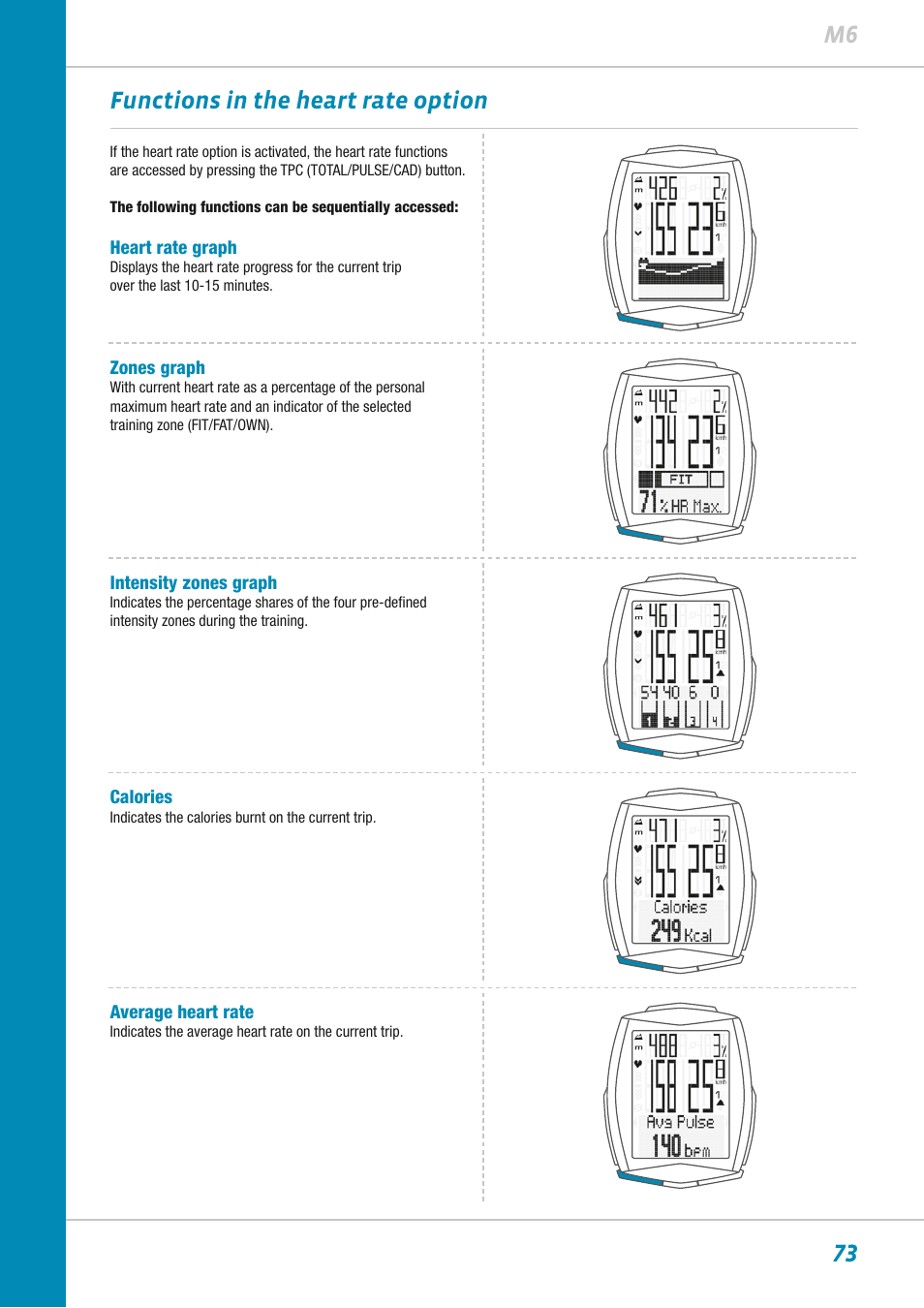 73 m6 functions in the heart rate option | VDO M6WL User Manual | Page 73 / 87