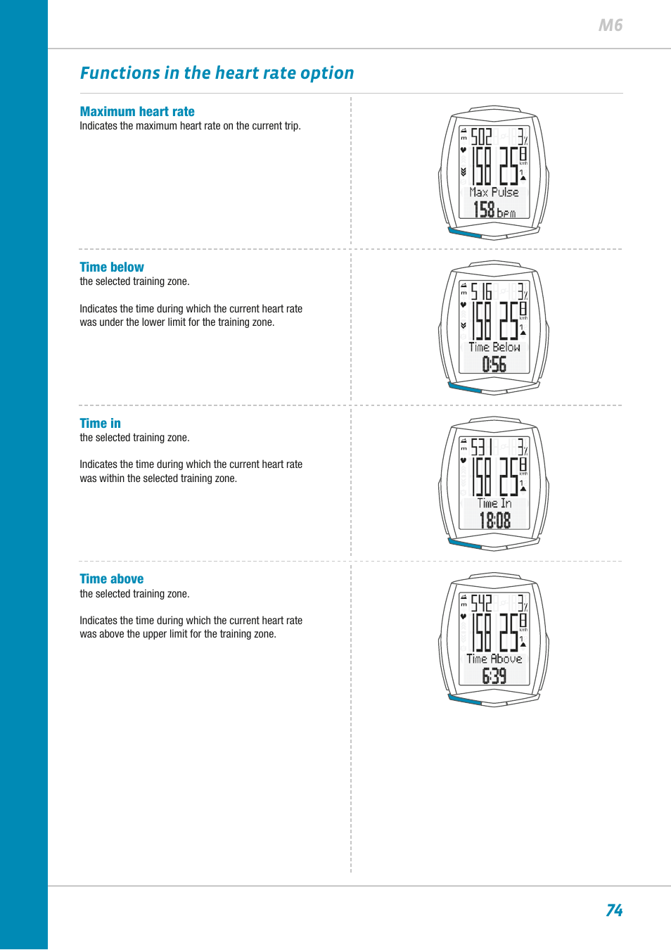 74 m6 functions in the heart rate option | VDO M6WL User Manual | Page 74 / 87