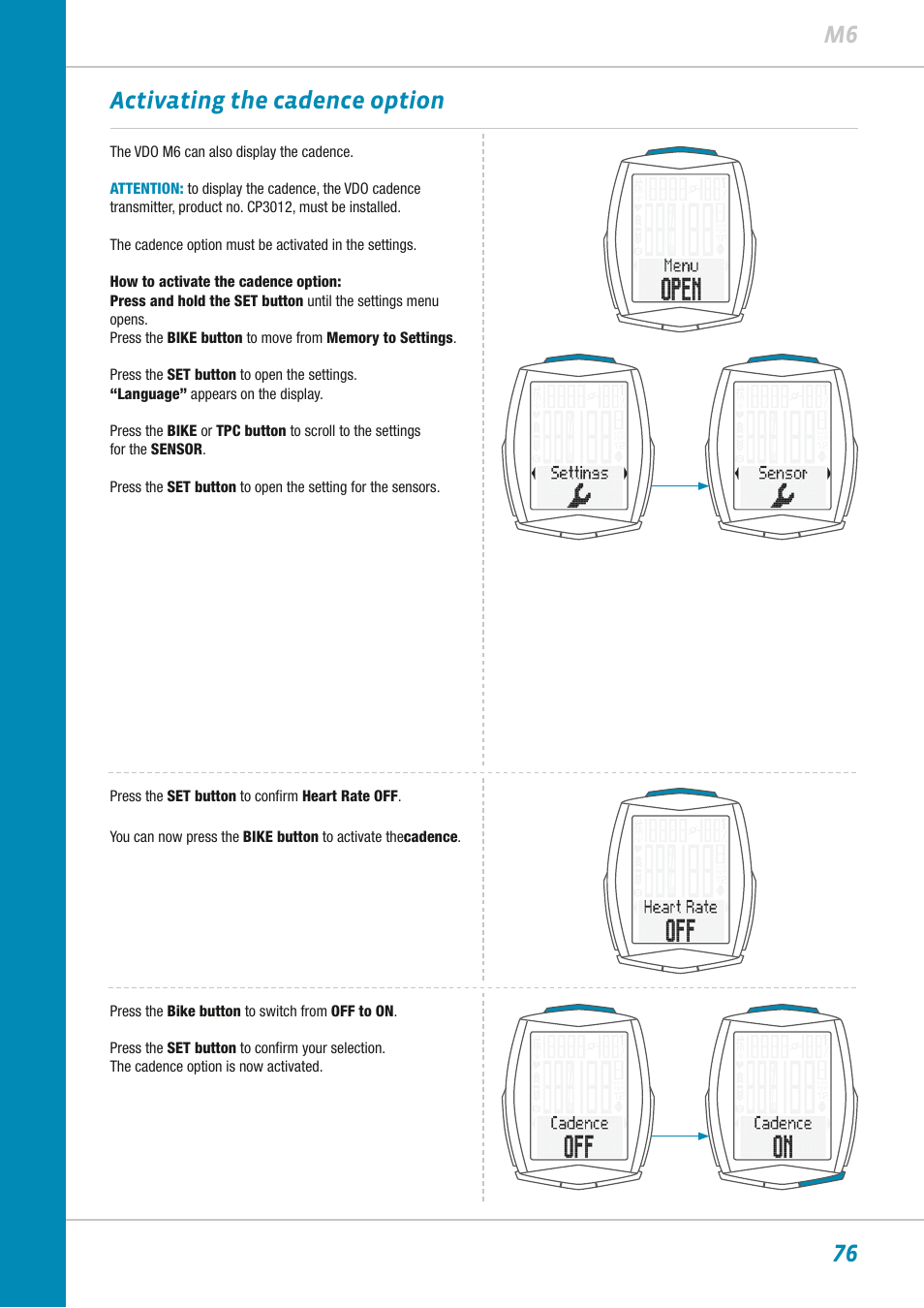 76 m6 activating the cadence option | VDO M6WL User Manual | Page 76 / 87