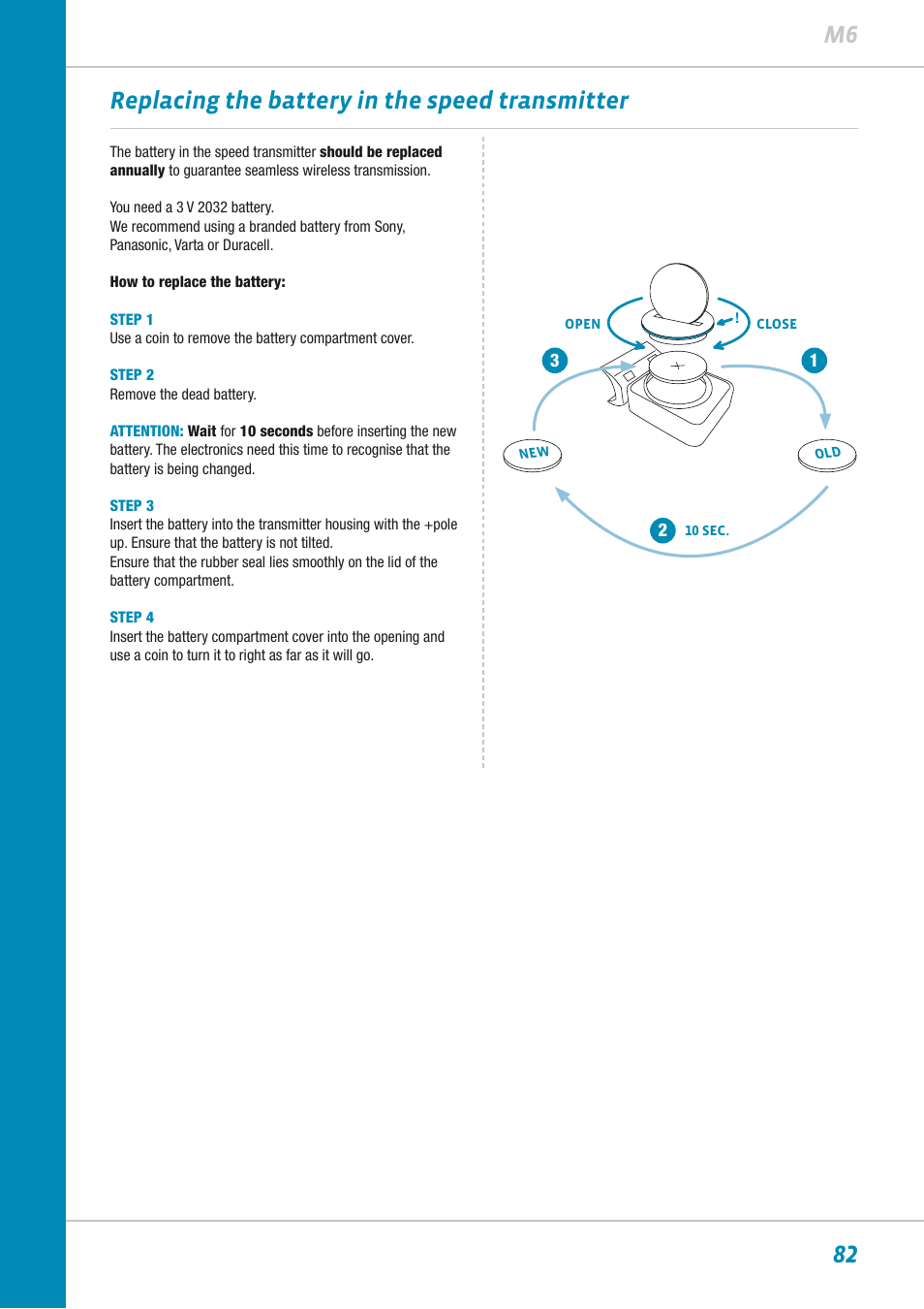 82 m6, Replacing the battery in the speed transmitter | VDO M6WL User Manual | Page 82 / 87