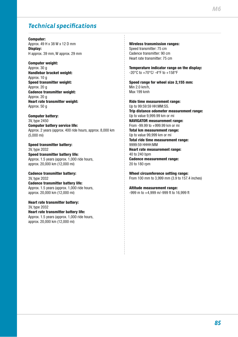 85 m6 technical specifications | VDO M6WL User Manual | Page 85 / 87