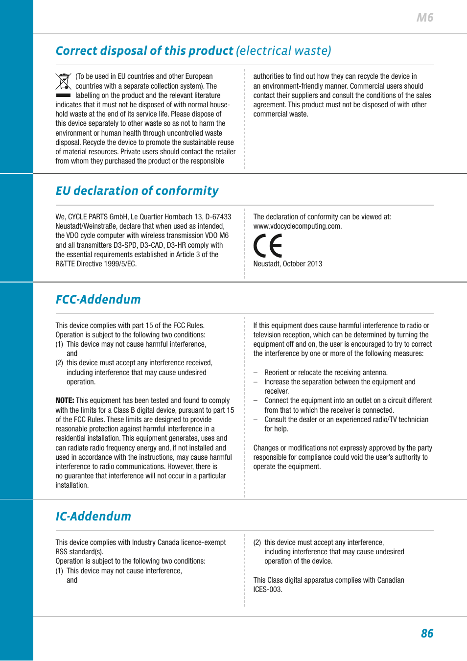 Eu declaration of conformity, Fcc-addendum ic-addendum | VDO M6WL User Manual | Page 86 / 87