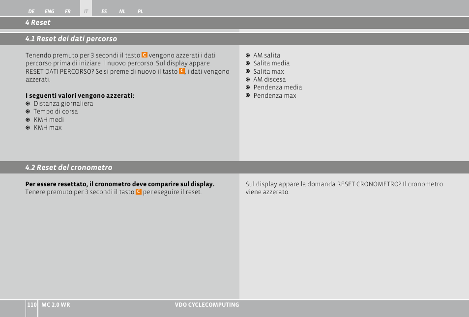 2 reset del cronometro, 4 reset 4.1 reset dei dati percorso | VDO WR MC 2.0 User Manual | Page 110 / 228
