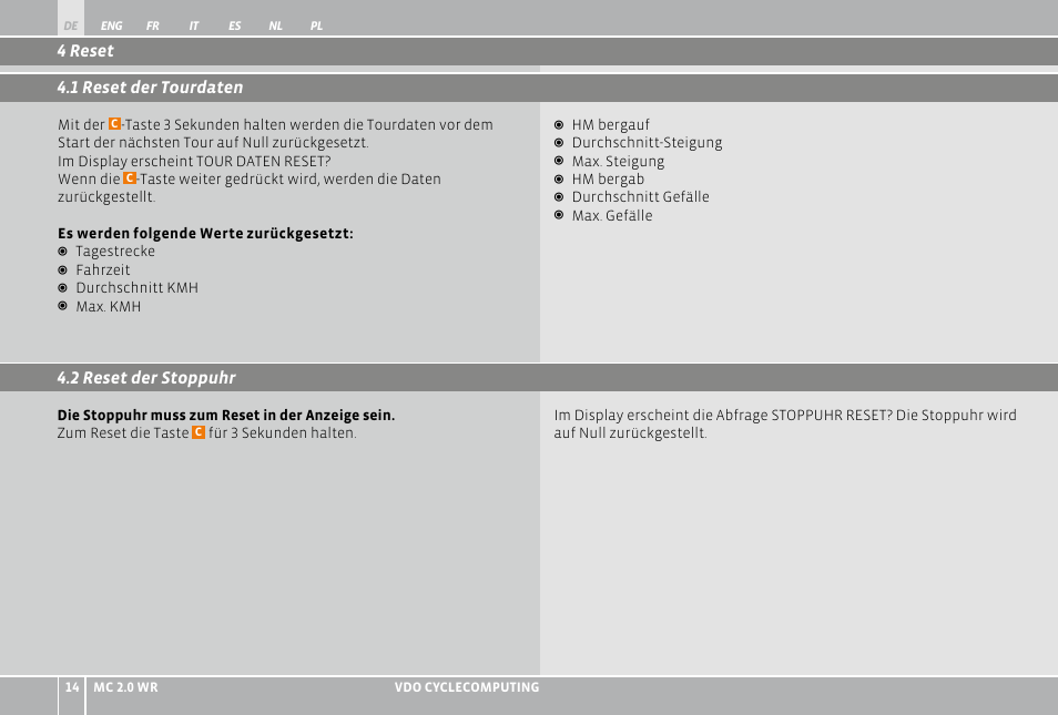 2 reset der stoppuhr, 4 reset 4.1 reset der tourdaten | VDO WR MC 2.0 User Manual | Page 14 / 228