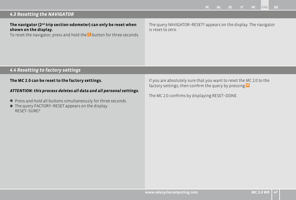 VDO WR MC 2.0 User Manual | Page 47 / 228