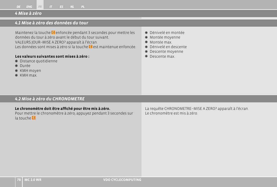 2 mise à zéro du chronometre, 4 mise à zéro 4.1 mise à zéro des données du tour | VDO WR MC 2.0 User Manual | Page 78 / 228