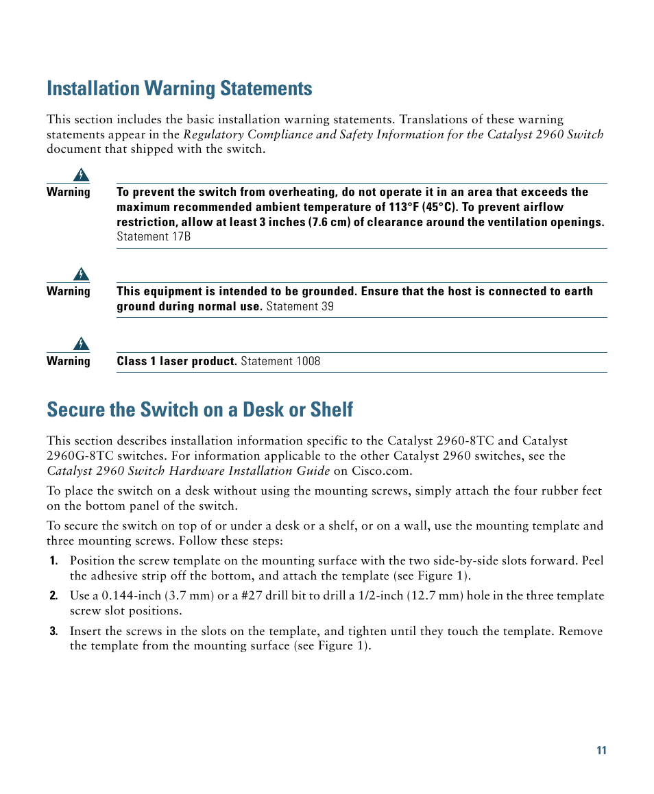 Installation warning statements, Secure the switch on a desk or shelf | Cisco 2960 User Manual | Page 11 / 22