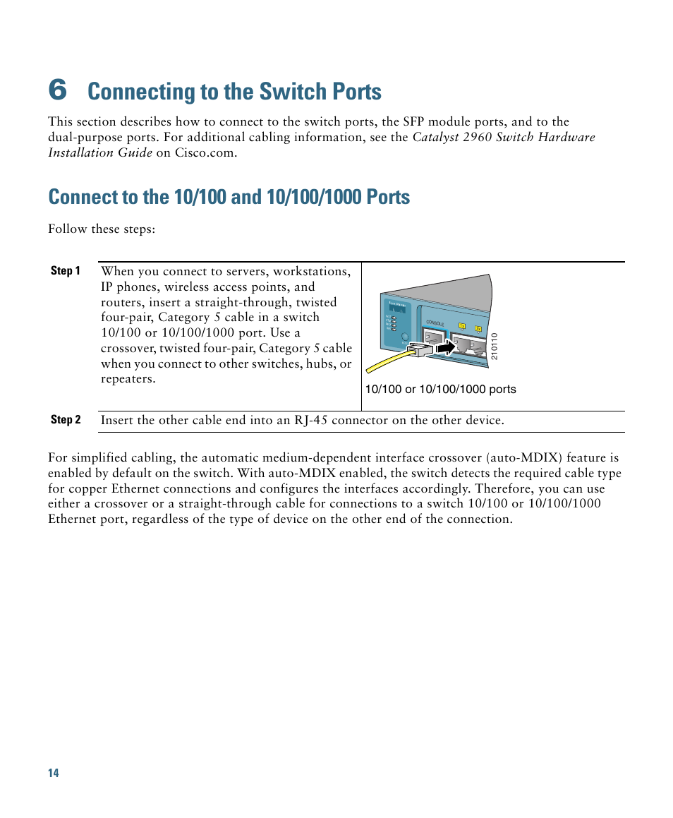 6 connecting to the switch ports, Connect to the 10/100 and 10/100/1000 ports, Connecting to the switch ports | Cisco 2960 User Manual | Page 14 / 22