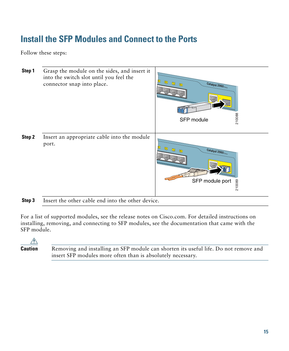 Install the sfp modules and connect to the ports, Sfp module port | Cisco 2960 User Manual | Page 15 / 22