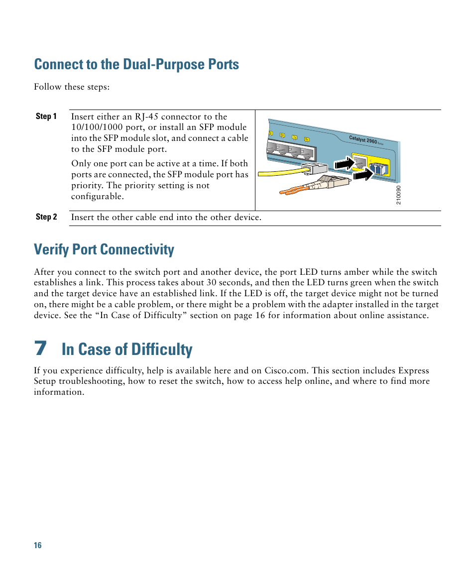 Connect to the dual-purpose ports, Verify port connectivity, 7 in case of difficulty | In case of difficulty | Cisco 2960 User Manual | Page 16 / 22
