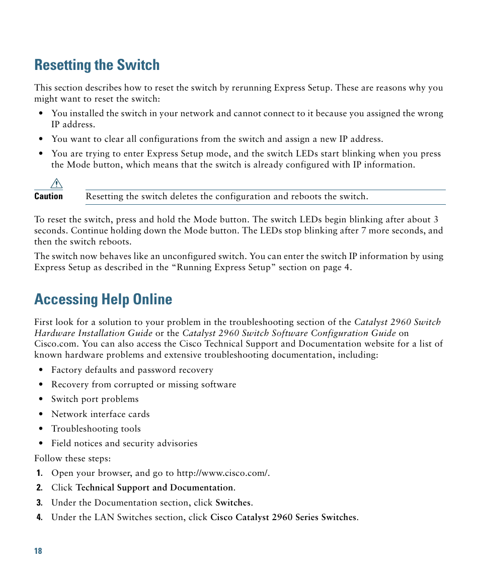 Resetting the switch, Accessing help online | Cisco 2960 User Manual | Page 18 / 22