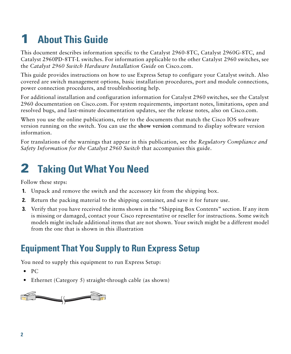 1 about this guide, 2 taking out what you need, Equipment that you supply to run express setup | About this guide, Taking out what you need | Cisco 2960 User Manual | Page 2 / 22