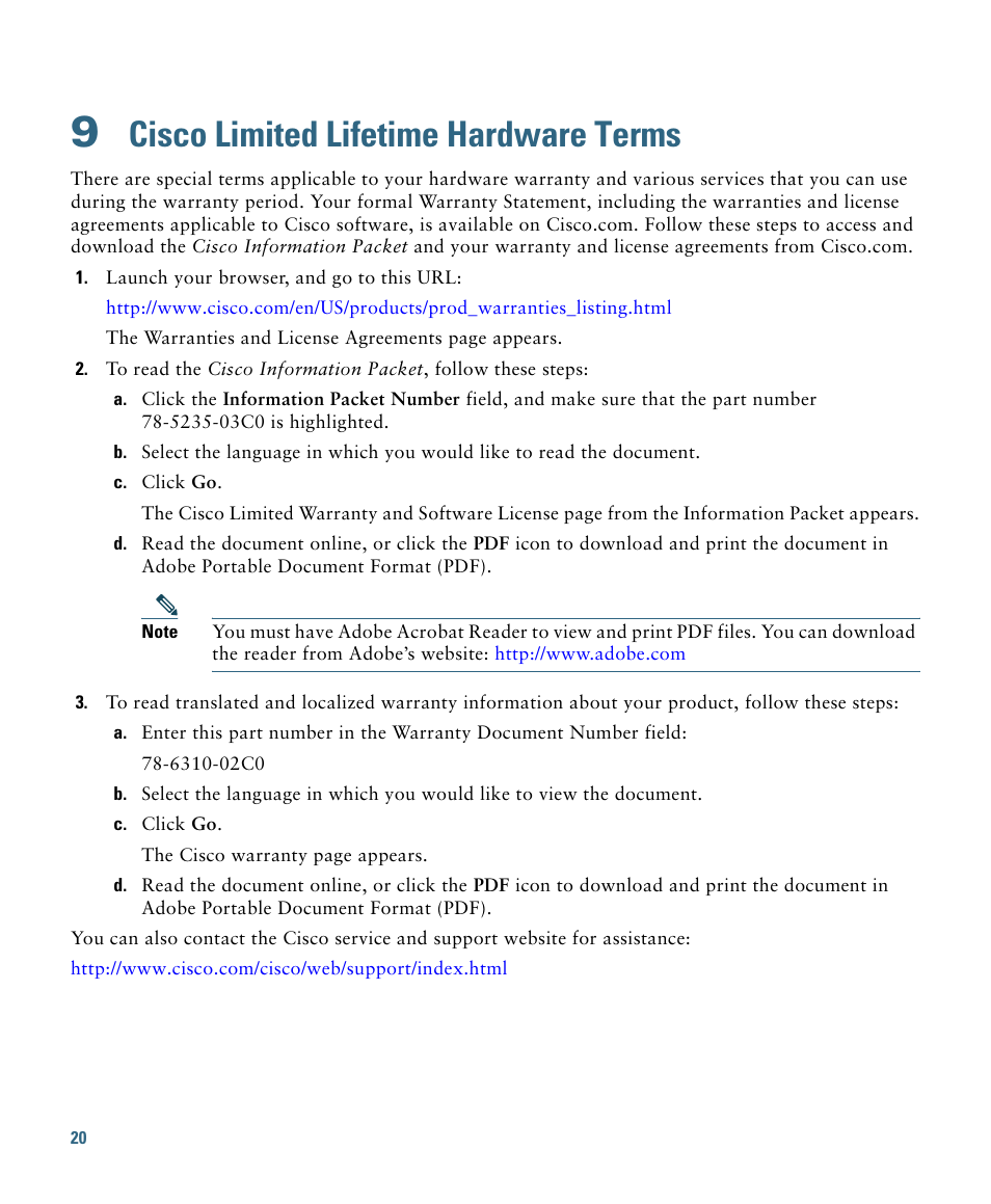 9 cisco limited lifetime hardware terms, Cisco limited lifetime hardware terms | Cisco 2960 User Manual | Page 20 / 22