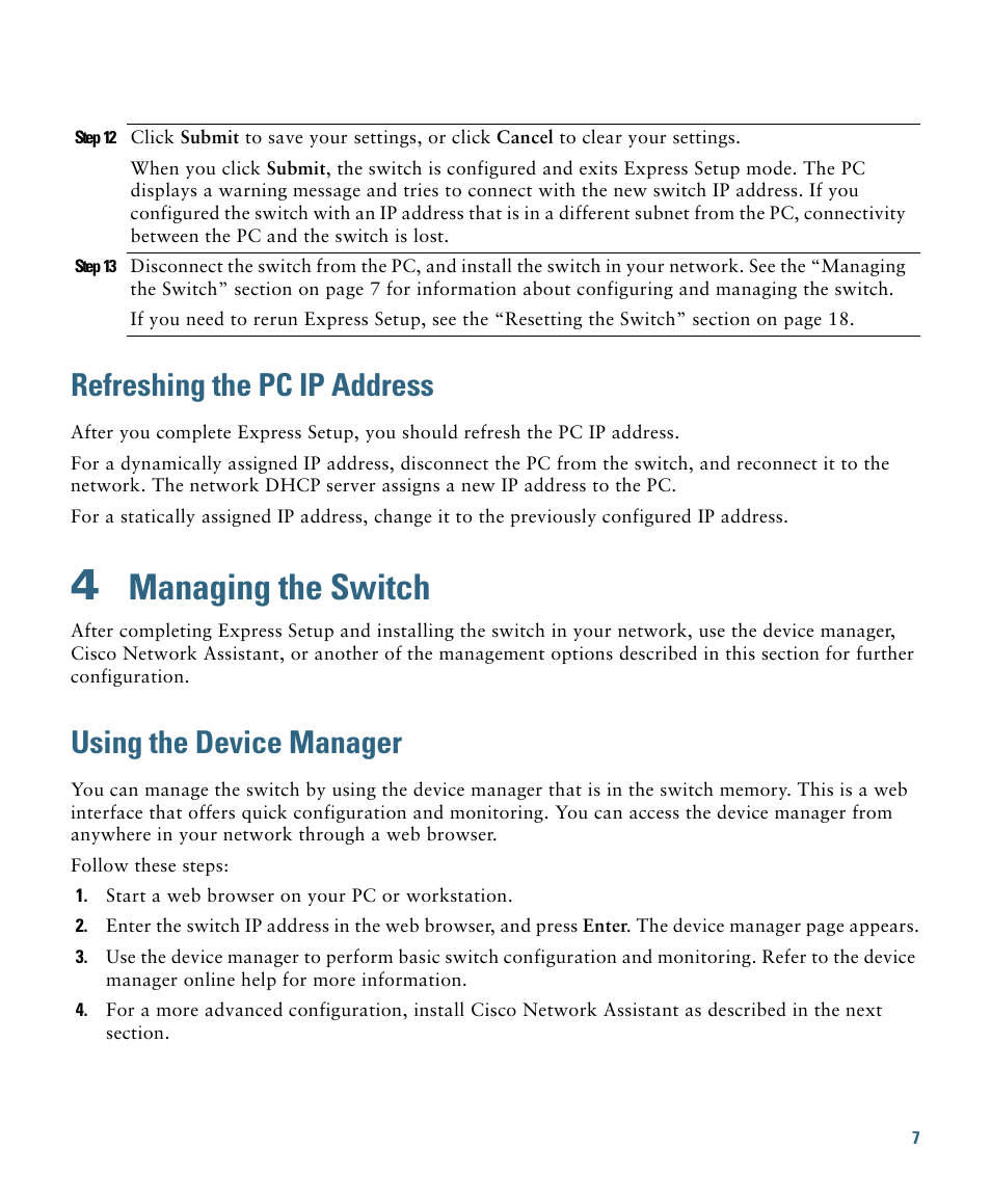 Refreshing the pc ip address, 4 managing the switch, Using the device manager | Managing the switch | Cisco 2960 User Manual | Page 7 / 22